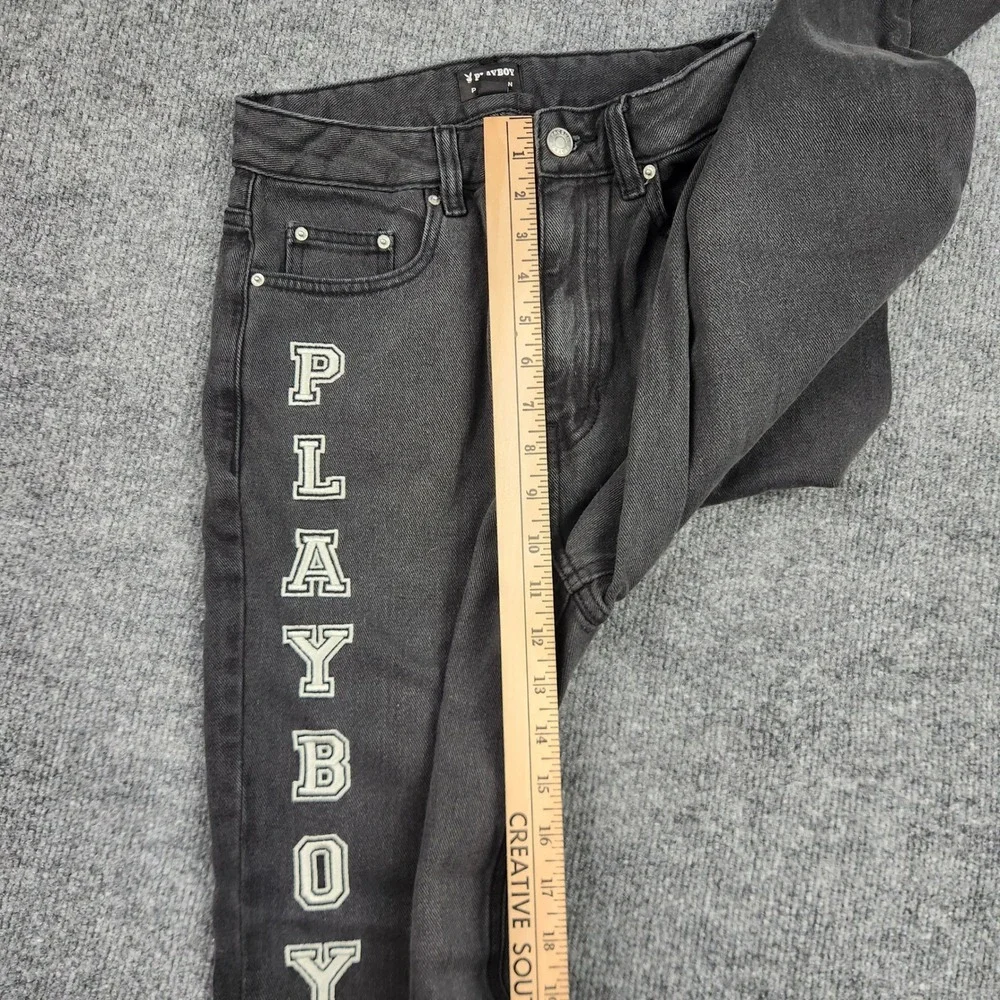 Playboy by PacSun Womens Washed Black Straight Leg Slit Hem Logo Jeans Size‎ 26